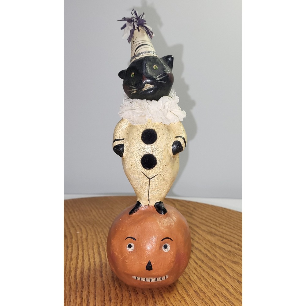Signed Nicol Sayre Halloween Black Cat Clown Pumpkin Paper Mache Folk Art 2003